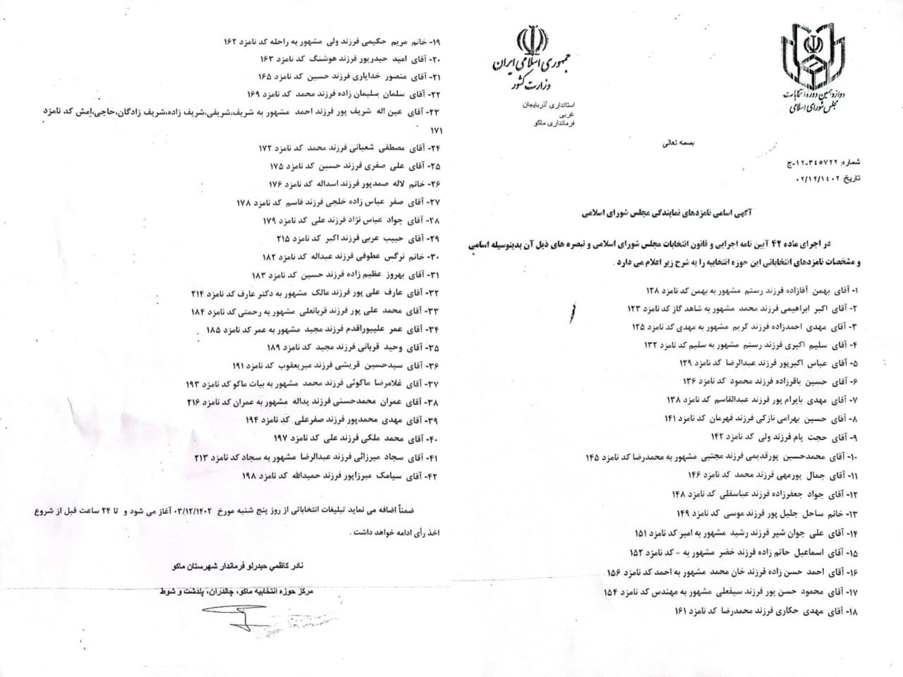 آگهی اسامی نامزدهای نمایندگی دوازدهمین دوره مجلس شورای اسلامی حوزه انتخابیه ماکو ، چالدران ، شوط و پلدشت